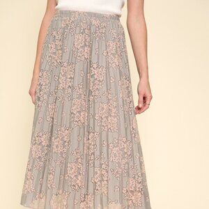 MYSTREE Purple and Pink Floral Lace Pleated Midi Skirt, Romantic Chic Spring